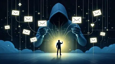 Abstract shadowy figure manipulating digital strings glowing malicious emails malware icons tech background ai cyber attacks