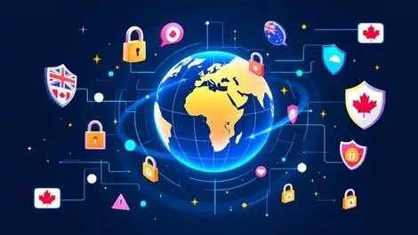 Secure digital globe with abstract shields locks global cross border data privacy