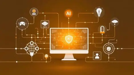 Secure computer network ai icons monitored by control symbols managing governing