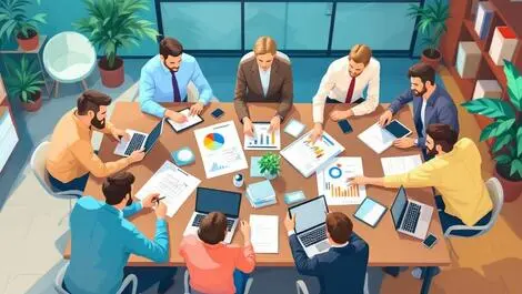 Team business professionals collaborating conference table charts graphs modern office