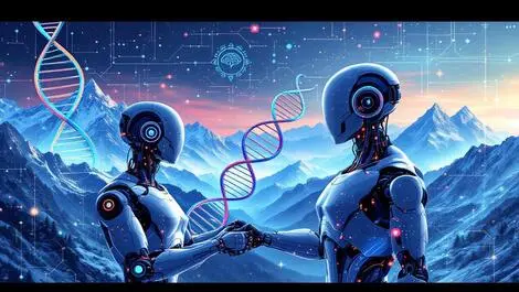Advanced robots ai brain circuits dna strands swiss alps innovation deep tech