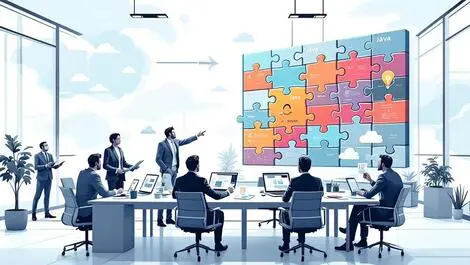 Boardroom executives solving java mascot puzzle modules collaboration strategy efficiency cloud tech