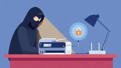 Office desk printer home network router threat alert hacker silhouette
