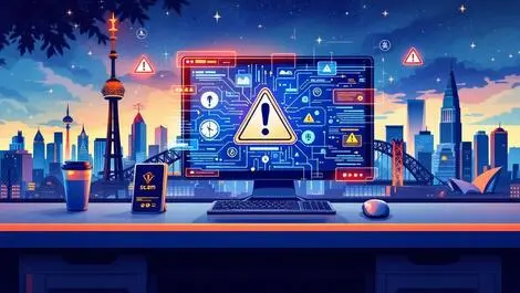 Detailed illustration vigilant computer screen digital warning symbols online scam prevention australian city sydney landmarks