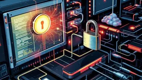 Network computers metal padlock remote access cables cyberattack enterprise security