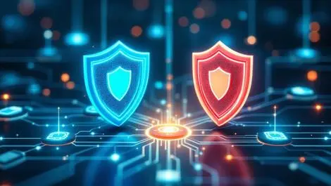 Two shield icons locking together over network interconnected devices symbolizing cybersecurity partnership