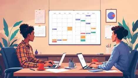 Uk small business office employees coordinating schedules laptops calendar