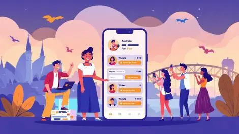 Happy people buying event tickets digital device four payment steps australian symbols