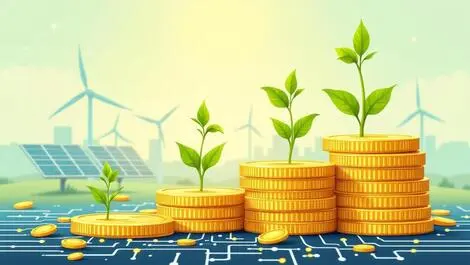 Coins with green leaves digital circuits clean energy wind solar panels