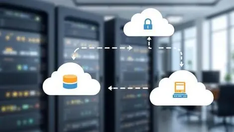 Interconnected server racks cloud icons data replication modern office environment