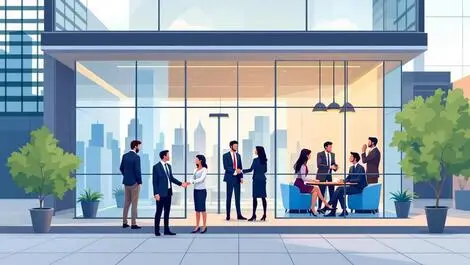 Modern office building melbourne business professionals shaking hands international expansion