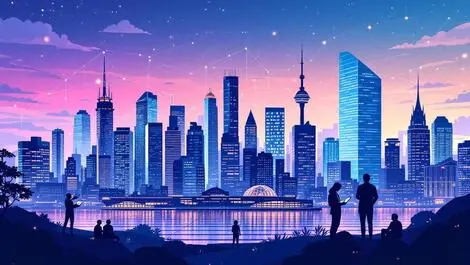 Canadian city skyline tech growth digital lines professionals silhouettes