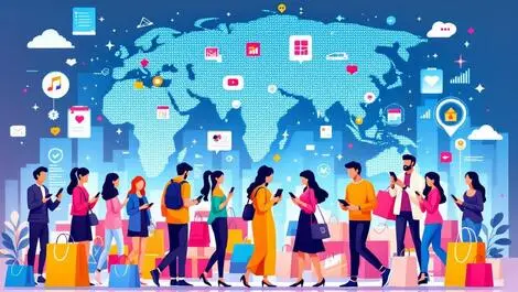 People using smartphones for shopping surrounded by bags digital icons asia pacific map