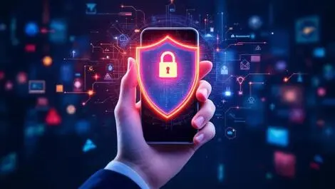 Realistic hand holding mobile phone with digital shield symbolizing app security