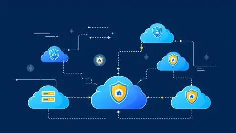Interconnected cloud servers shield icons enhanced runtime security threat detection