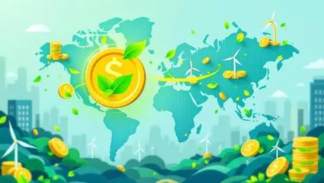 Digital coins green leaves carbon credits transfer europe to china wind turbines bank icons