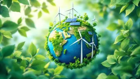 Globe with wind turbines solar panels green leaves clean energy investments