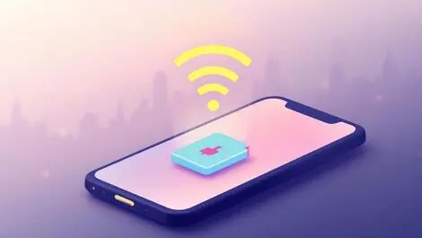 Smartphone activating digital sim card icon with rising signal bars us cityscape