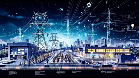 Modern uk electricity substation digital energy flow power lines data streams grid efficiency