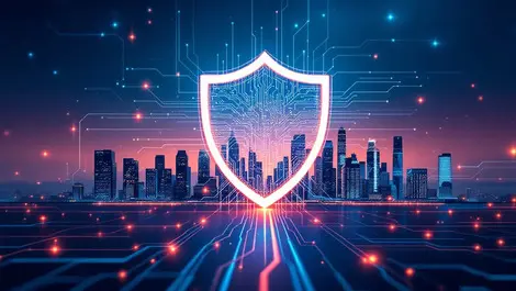 Digital circuit shield protecting singapore city skyline cybersecurity defense