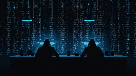 Shadowy cyber attackers at computers in dark room with digital code