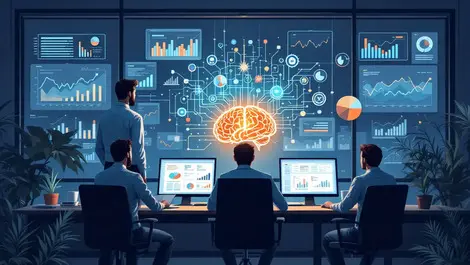 Business office scene financial charts ai brain professionals reviewing data