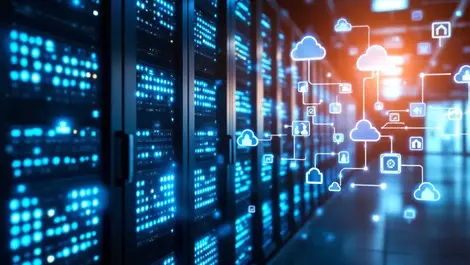 Modern data center server racks blue lights digital cloud icons photographic