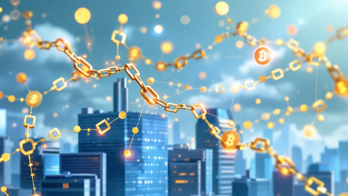 Interlinked golden blockchain chains above modern financial district skyline