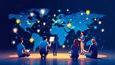 Global cybersecurity team collaboration digital world map network defense