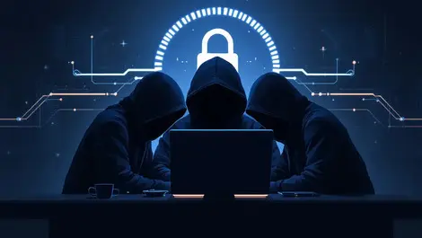 Hooded figures collaborating computer digital lock global ransomware cyber gangs