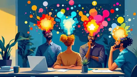 Office employees thinking creative ideas abstract shapes modern workspace