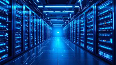 Modern server room detailed illustration cool blue lighting data streams secure environment