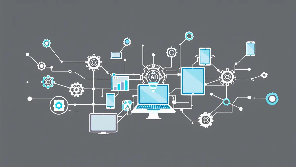 Interconnected digital devices laptops smartphones tablets ai automation gears network lines
