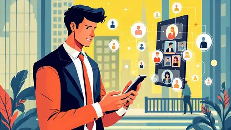 Businessperson urban smartphone connecting clients icons efficient communication sales networking