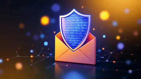 Digital code shield protecting email envelope with network security symbols