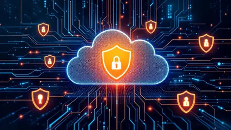 Secure cloud surrounded by digital shields abstract network lines cybersecurity