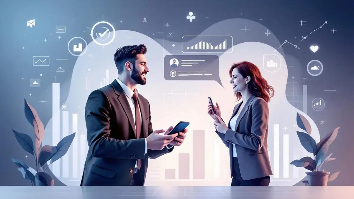 Business professionals voice interface smartphone financial graphs fintech