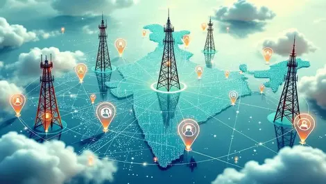 Interconnected mobile devices network towers data streams india map