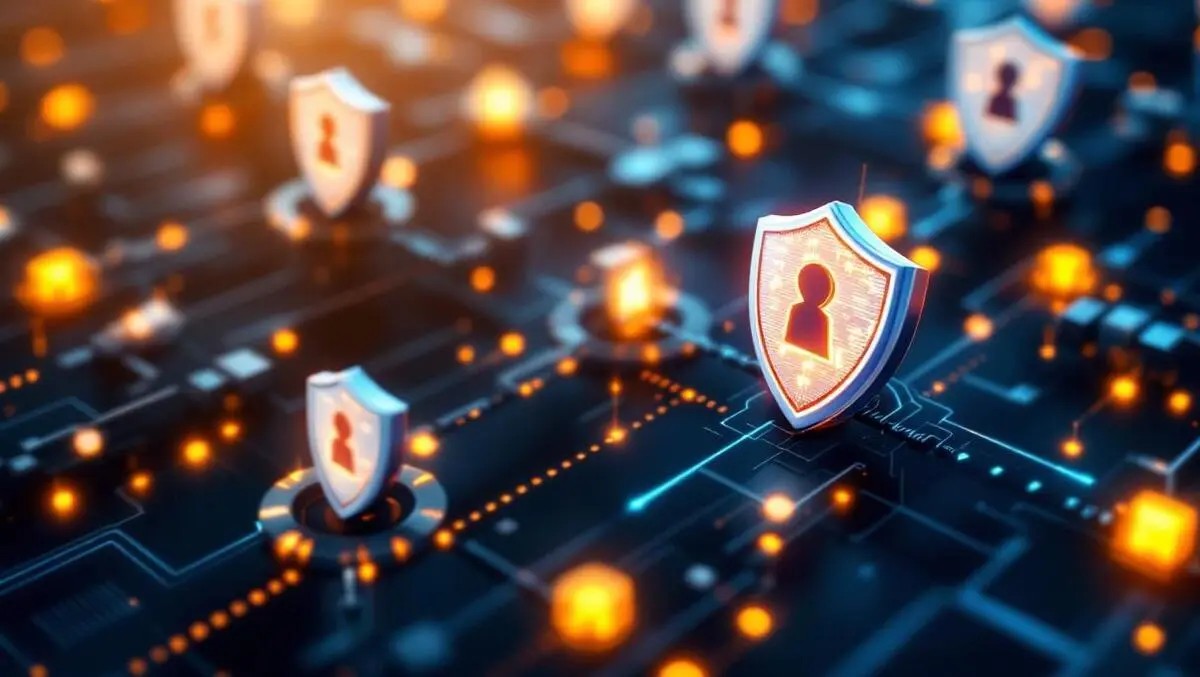 Detailed illustration secure blockchain network interlinked chains digital shield icons strong protection real time cyber defense public platforms