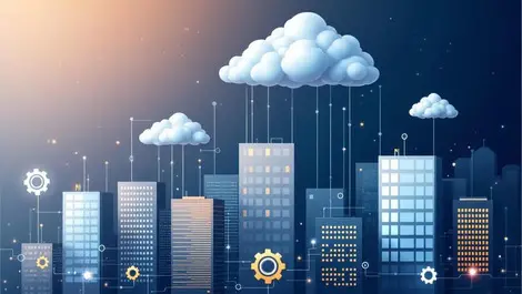 Interconnected office buildings digital network clouds automation ai finance