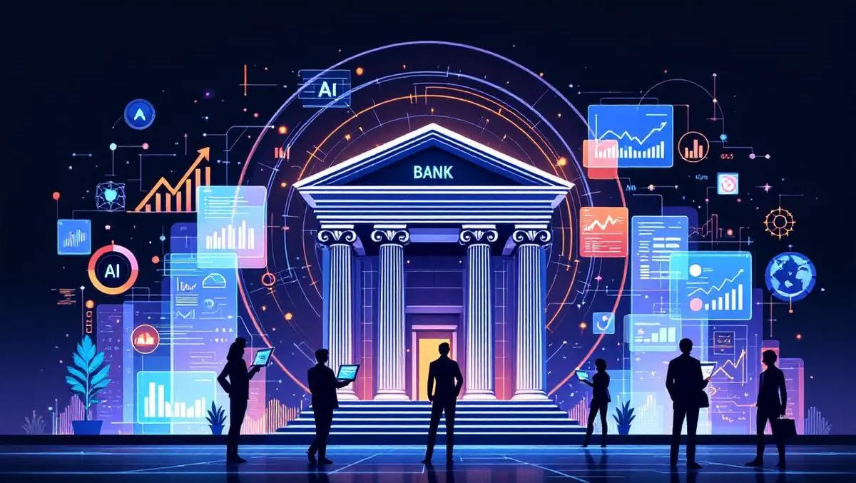 Modern bank building ai technology digital graphs business analytics