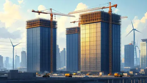 Asia pacific data center construction delayed cranes wind turbines cloudy sky