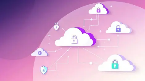 Interconnected cloud icons secure padlocks shield symbols multicloud security