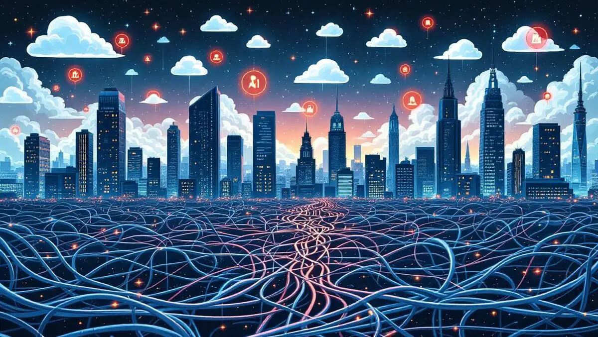 Modern city skyline glowing cloud icons overhead thick tangled cables below