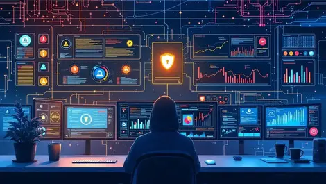 Cybersecurity operations center computer screens alerts shields charts