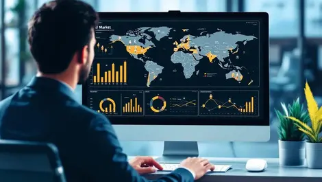 Business professional analyzing global market trends data charts graphs