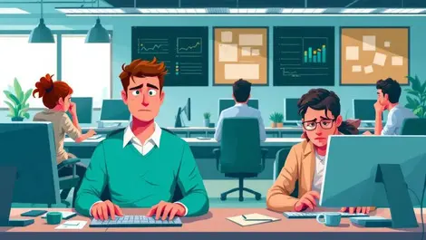 Unmotivated it professionals slouched tired expressions modern office