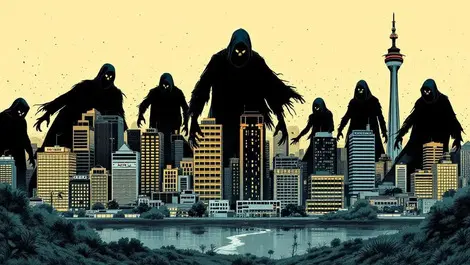 Australian city skyline ominous shadowy figures threat vulnerability