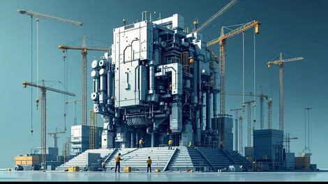 Illustration large artificial intelligence machine being built with workers cranes tools symbolizing slow ai progress