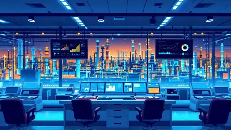 Realistic illustration oil refinery texas advanced control rooms equipment safety efficiency